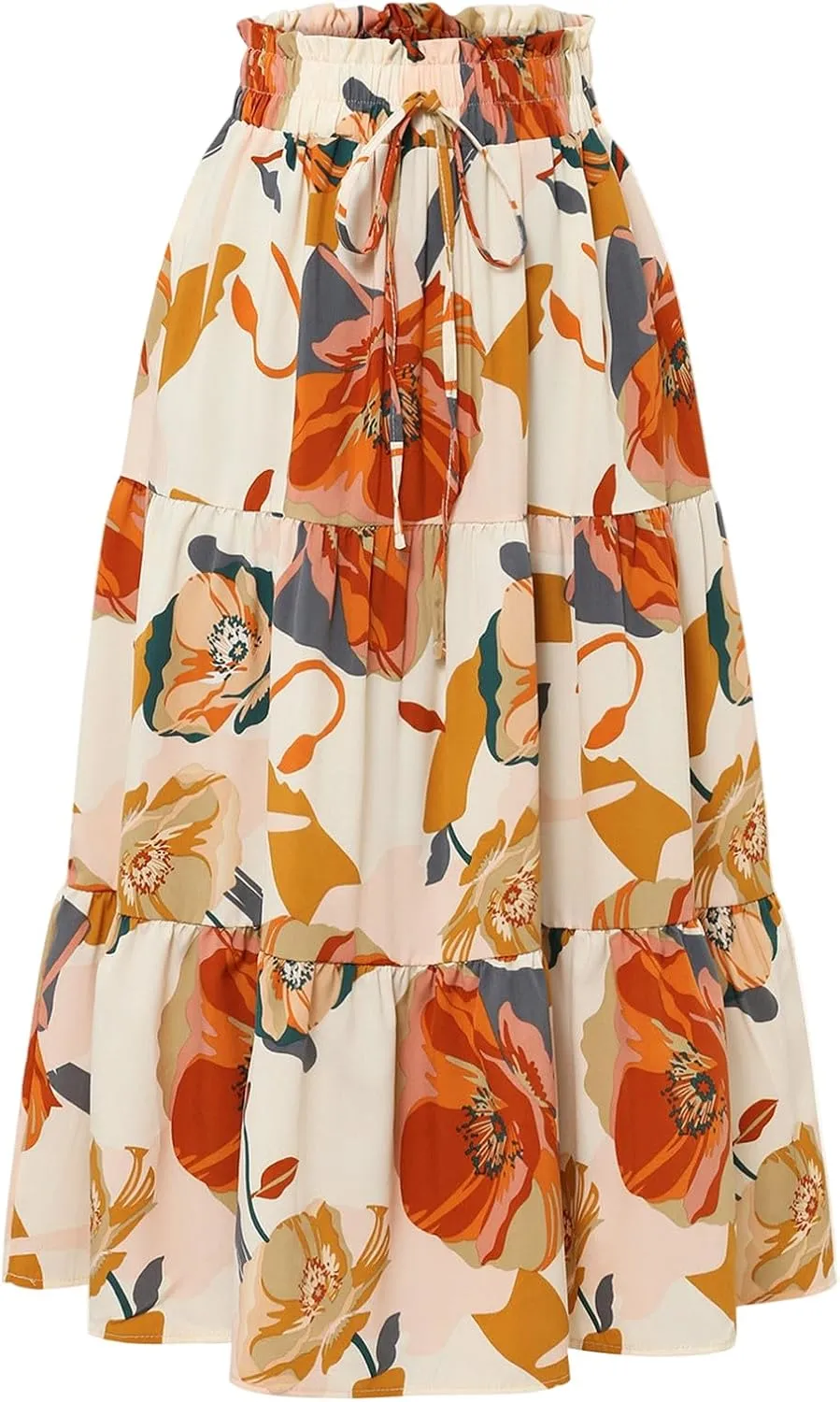 Floral Midi Skirts for Women Summer Tiered Drawstring Elastic Waist Knee Length Skirts Smocked A-Line Flowy Boho Skirt