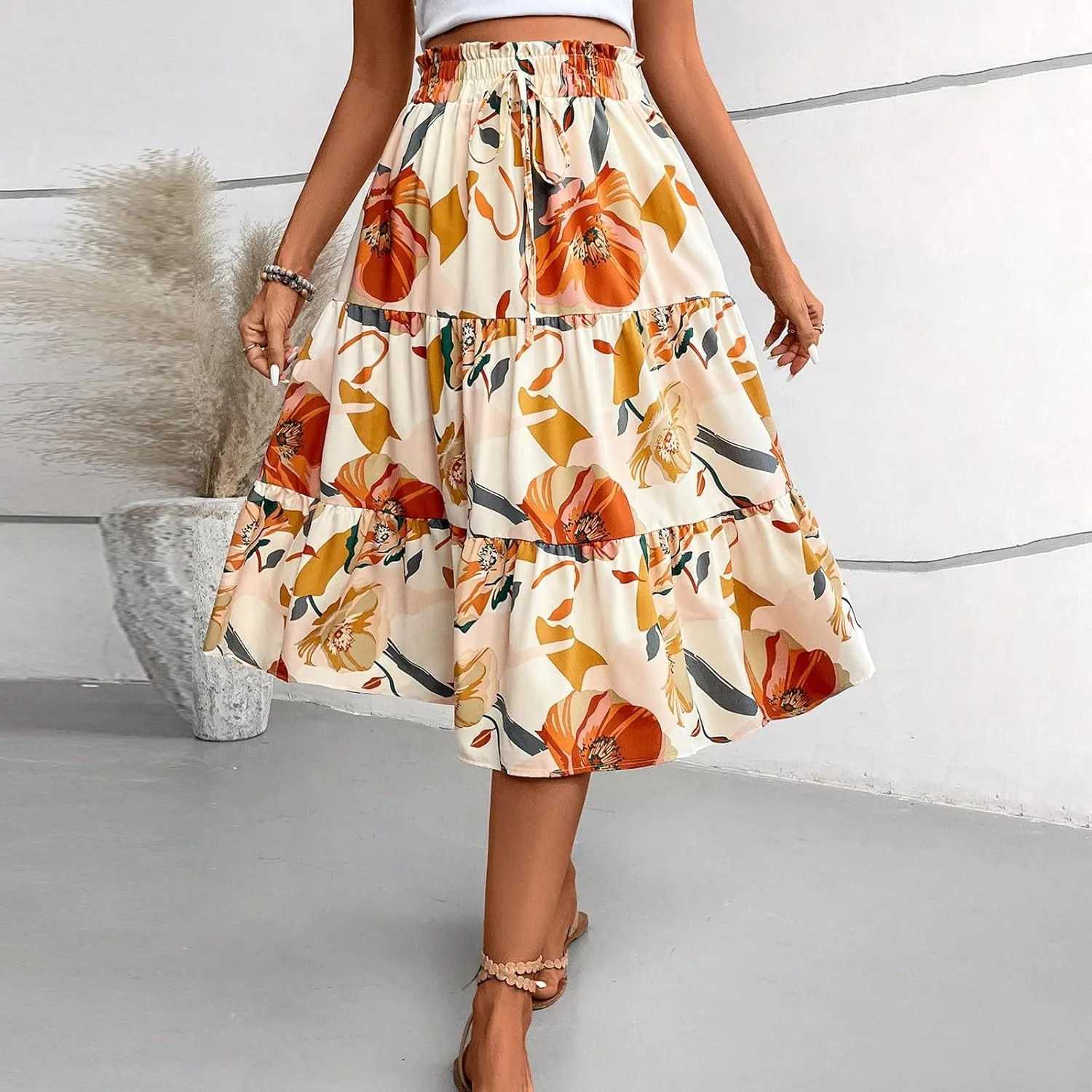 Floral Midi Skirts for Women Summer Tiered Drawstring Elastic Waist Knee Length Skirts Smocked A-Line Flowy Boho Skirt