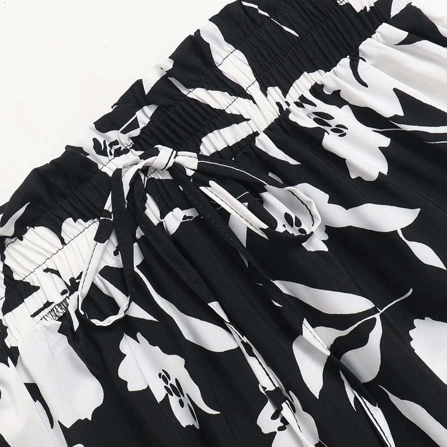 Floral Midi Skirts for Women Summer Tiered Drawstring Elastic Waist Knee Length Skirts Smocked A-Line Flowy Boho Skirt