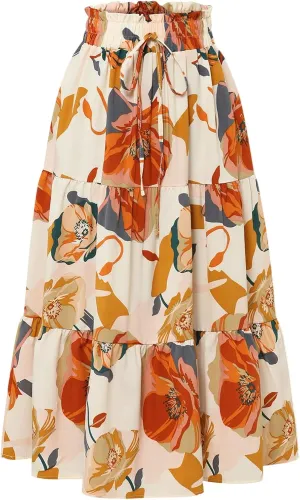 Floral Midi Skirts for Women Summer Tiered Drawstring Elastic Waist Knee Length Skirts Smocked A-Line Flowy Boho Skirt