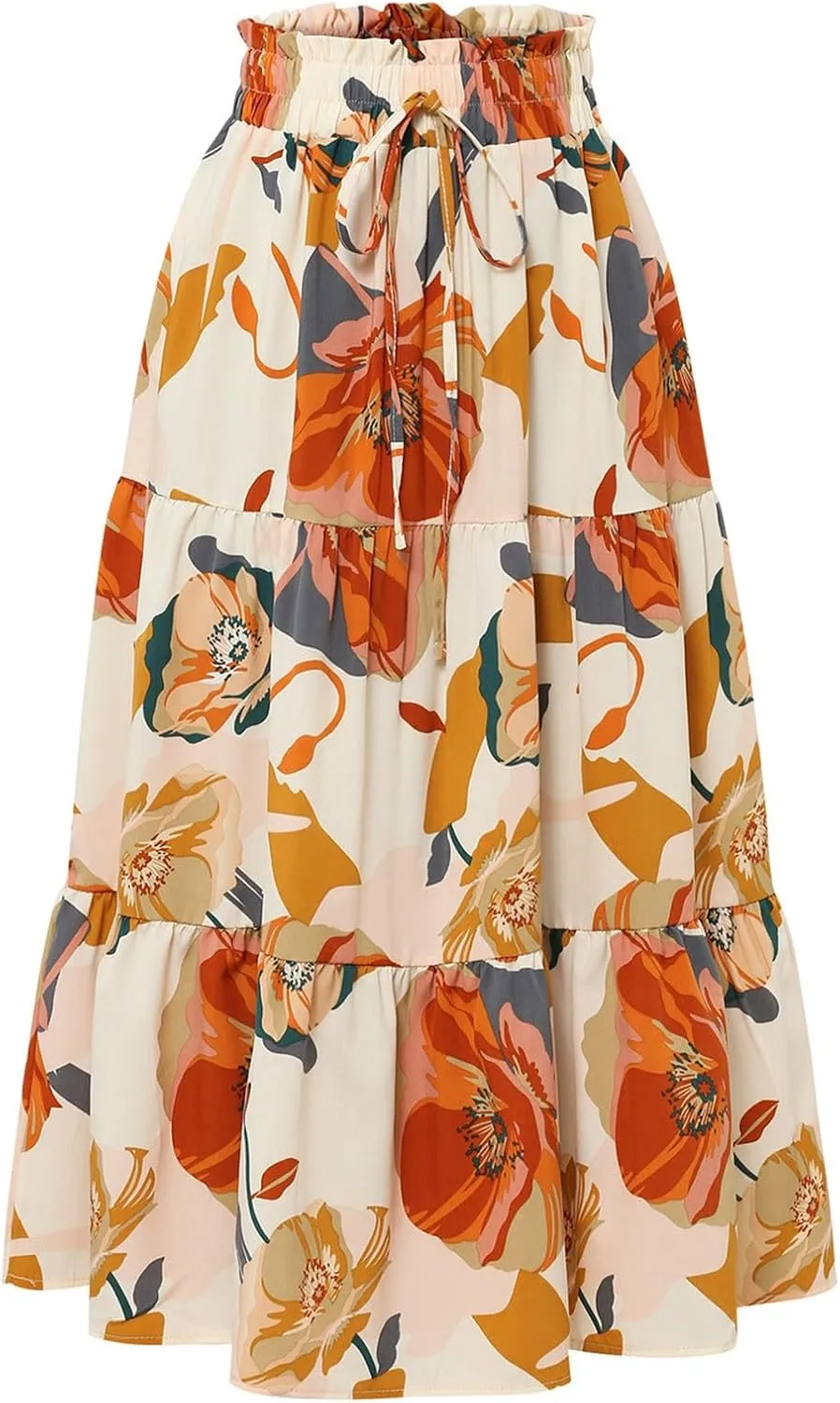 Floral Midi Skirts for Women Summer Tiered Drawstring Elastic Waist Knee Length Skirts Smocked A-Line Flowy Boho Skirt