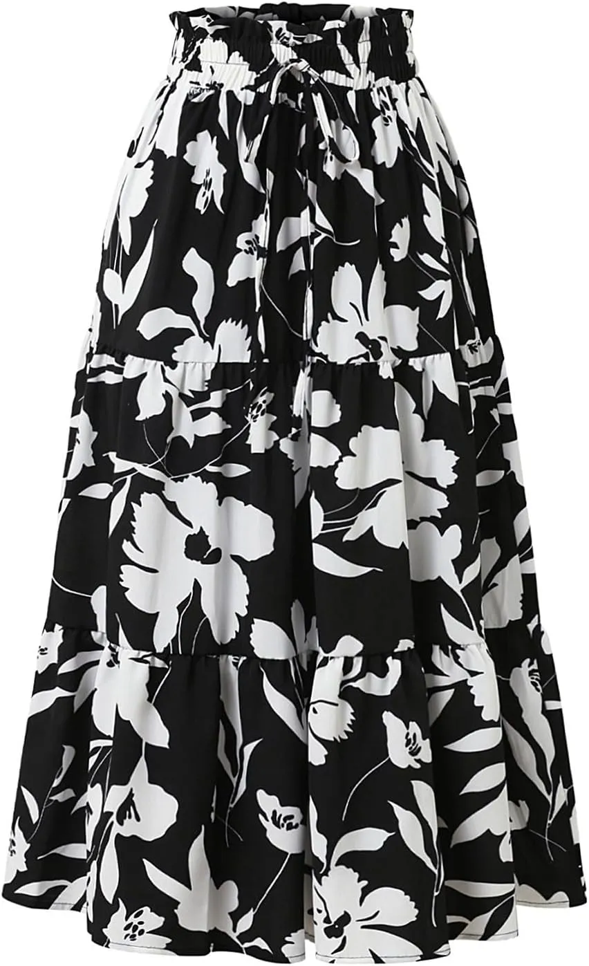 Floral Midi Skirts for Women Summer Tiered Drawstring Elastic Waist Knee Length Skirts Smocked A-Line Flowy Boho Skirt