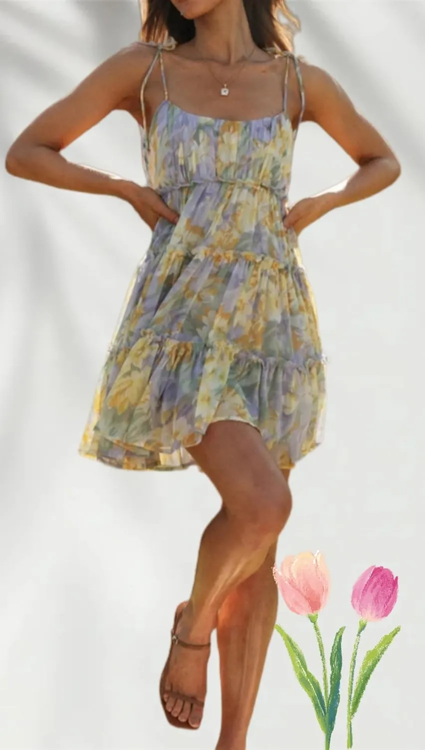 Floral Mini Dress Women Spaghetti Strap Sleeveless Tie Back Summer Ruffle Tiered Dresses Plus Size Backless Sexy Dress