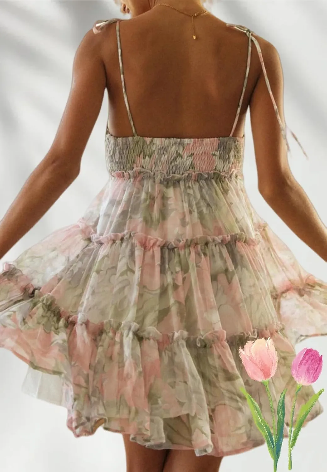 Floral Mini Dress Women Spaghetti Strap Sleeveless Tie Back Summer Ruffle Tiered Dresses Plus Size Backless Sexy Dress