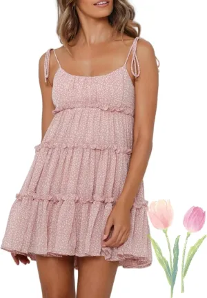 Floral Mini Dress Women Spaghetti Strap Sleeveless Tie Back Summer Ruffle Tiered Dresses Plus Size Backless Sexy Dress