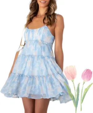 Floral Mini Dress Women Spaghetti Strap Sleeveless Tie Back Summer Ruffle Tiered Dresses Plus Size Backless Sexy Dress
