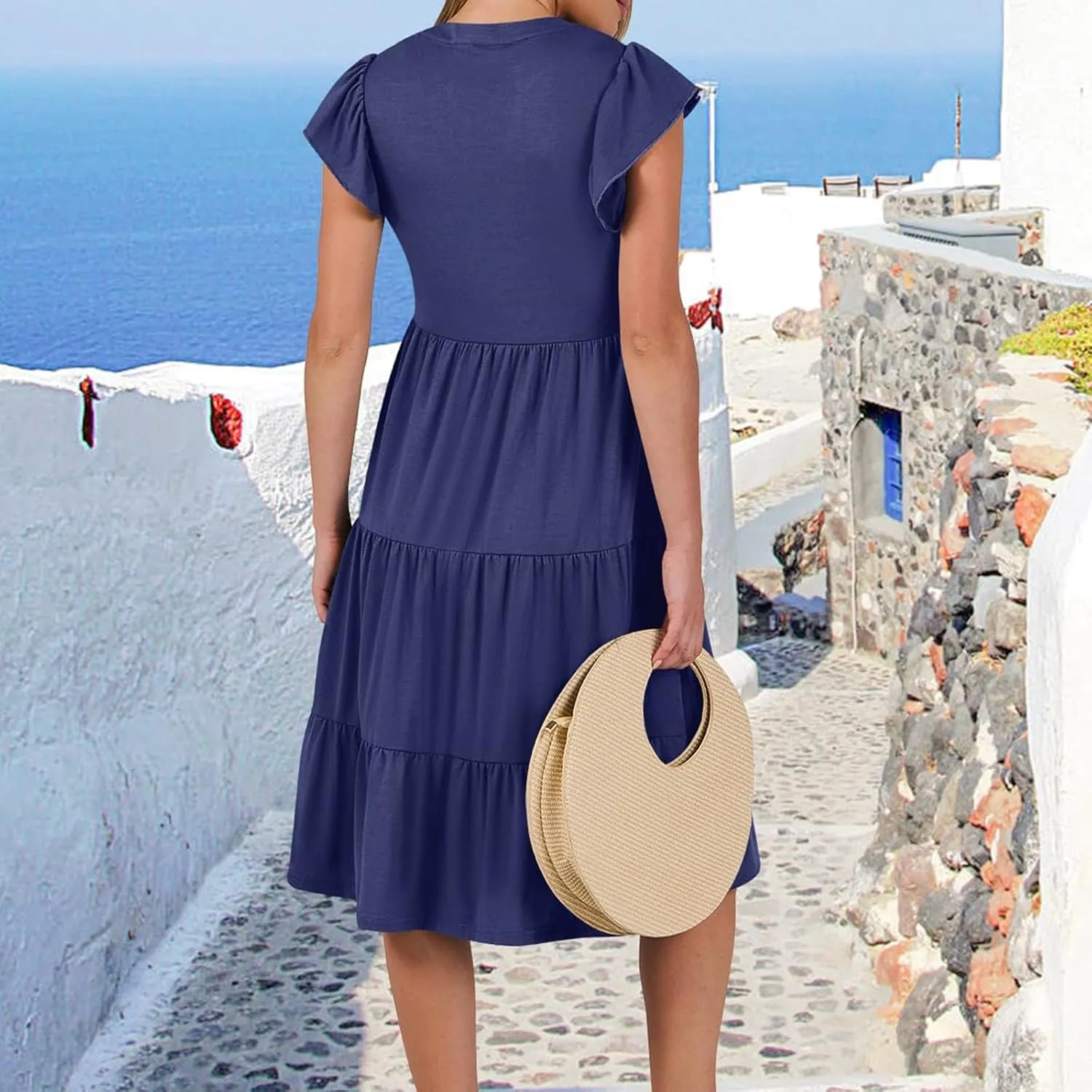 Flutter Sleeve Dress for Women V Neck Pleated Tiered Flowy Dress Summer Boho Beach A Line Midi Dresses with Pockets