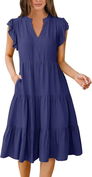 Flutter Sleeve Dress for Women V Neck Pleated Tiered Flowy Dress Summer Boho Beach A Line Midi Dresses with Pockets