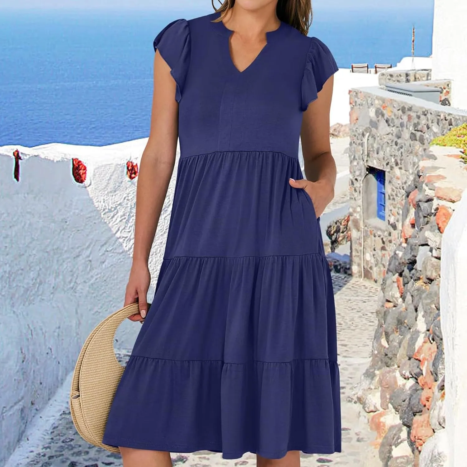 Flutter Sleeve Dress for Women V Neck Pleated Tiered Flowy Dress Summer Boho Beach A Line Midi Dresses with Pockets