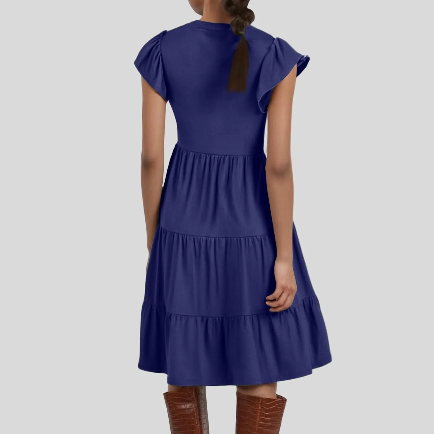 Flutter Sleeve Dress for Women V Neck Pleated Tiered Flowy Dress Summer Boho Beach A Line Midi Dresses with Pockets