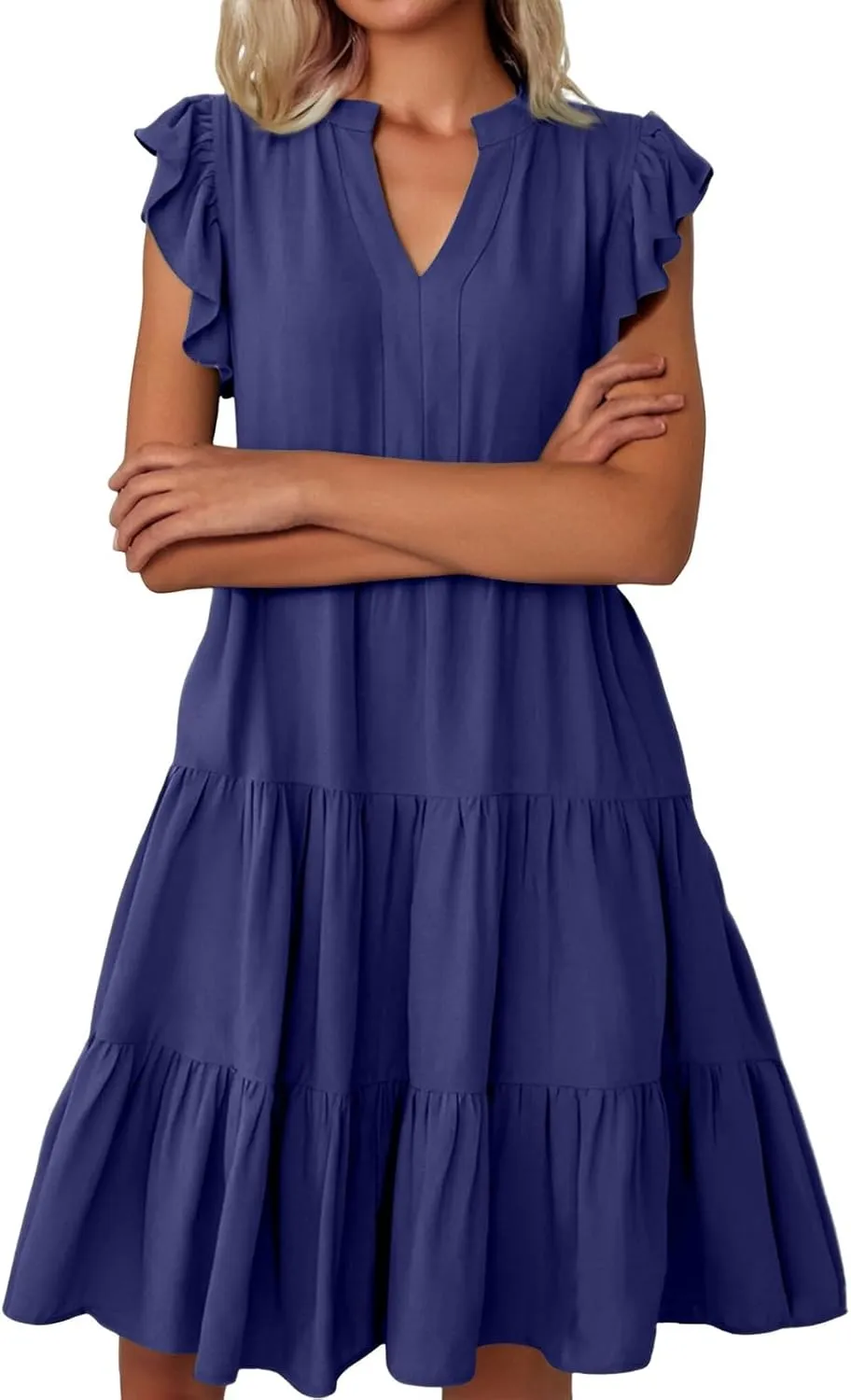 Flutter Sleeve Dress for Women V Neck Pleated Tiered Flowy Dress Summer Boho Beach A Line Midi Dresses with Pockets