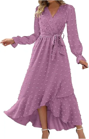 Formal Dresses for Women 2024 Elegant Sexy Long Sleeve Wrap V Neck Bohemian Dress Causal Tie Waist Asymmetrical Dress
