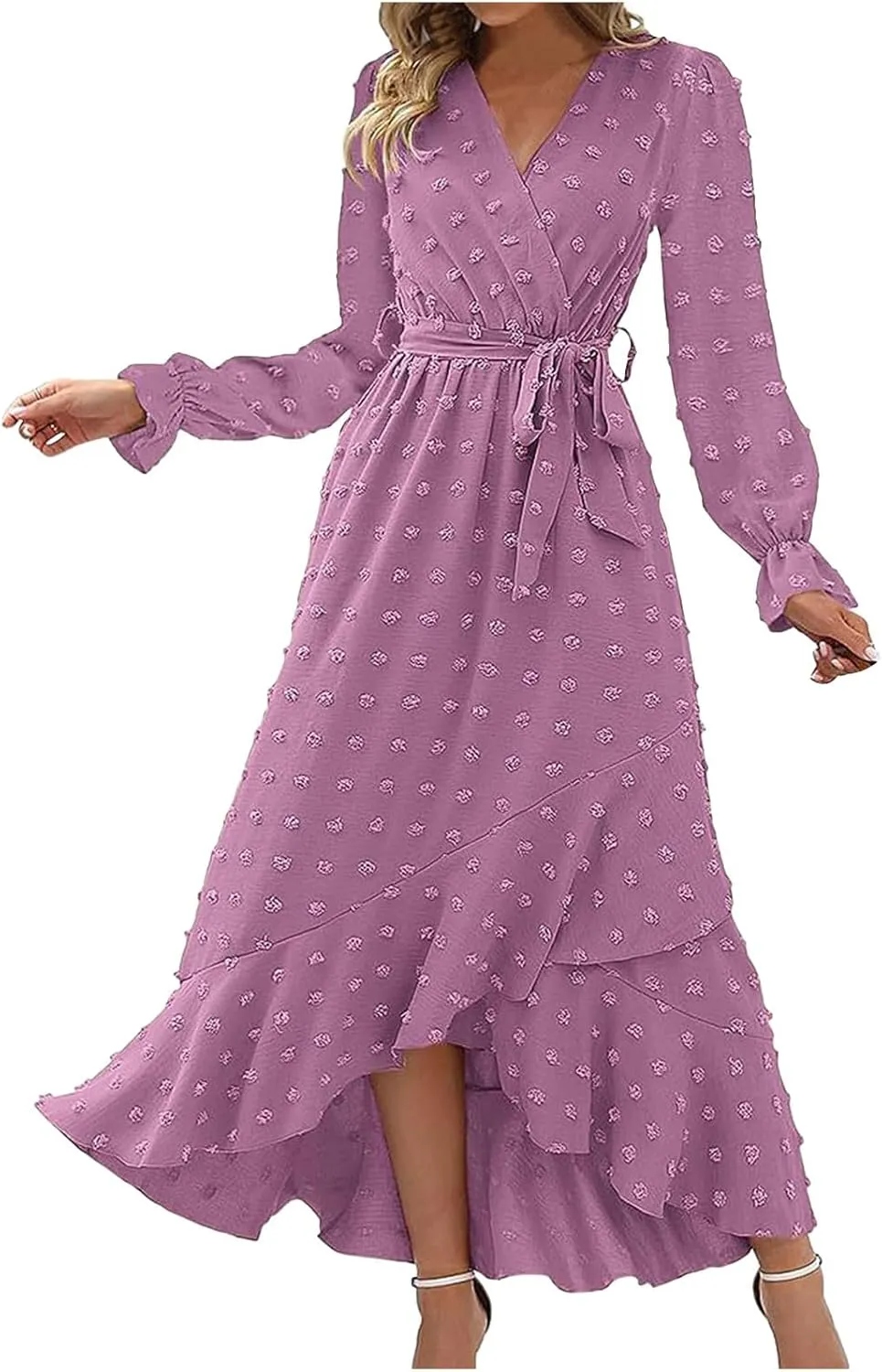 Formal Dresses for Women 2024 Elegant Sexy Long Sleeve Wrap V Neck Bohemian Dress Causal Tie Waist Asymmetrical Dress