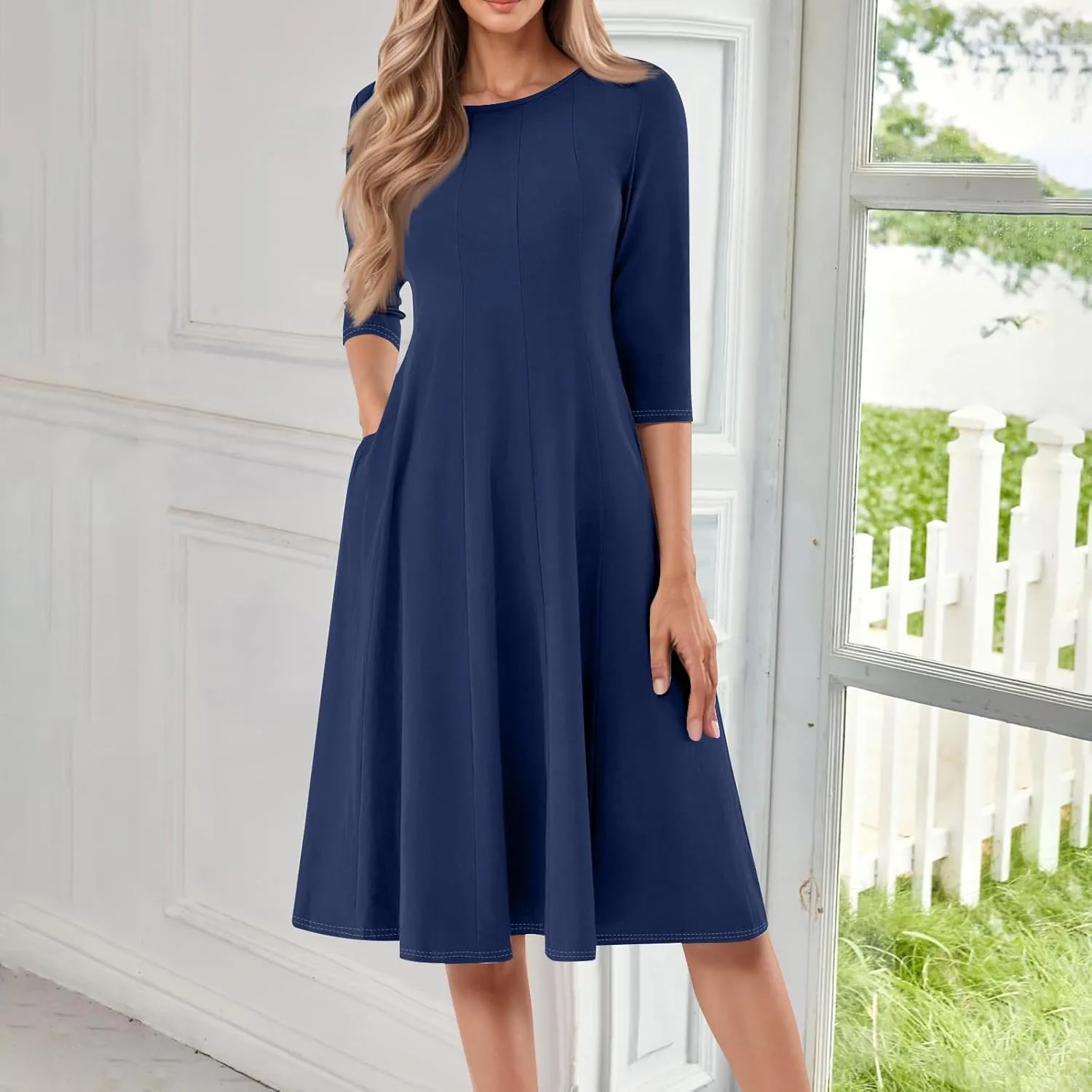 Formal Dresses for Women Plus 3/4 Sleeve Solid Flowy Vintage Midi Summer Spring Casual Swing Dress