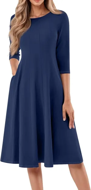 Formal Dresses for Women Plus 3/4 Sleeve Solid Flowy Vintage Midi Summer Spring Casual Swing Dress