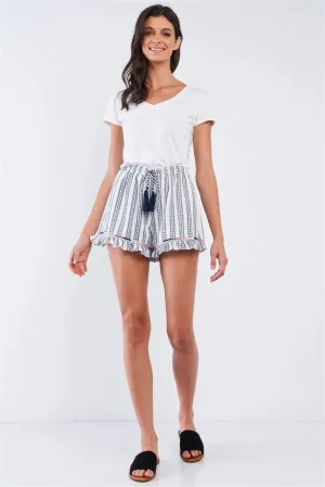 Free Spirit White And Navy Boho Multi Pattern Rope Tassel Tie Detail High Waisted Decorated Ruffle Hem Mini Shorts /1-1-2-1