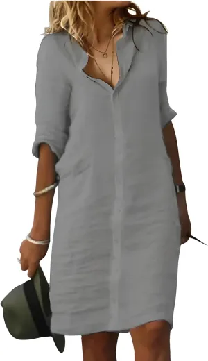 Fronage Women's Summer Midi Shirt Dresses Button Down 1/2 Sleeve Lapel Casual Cotton Linen Dress