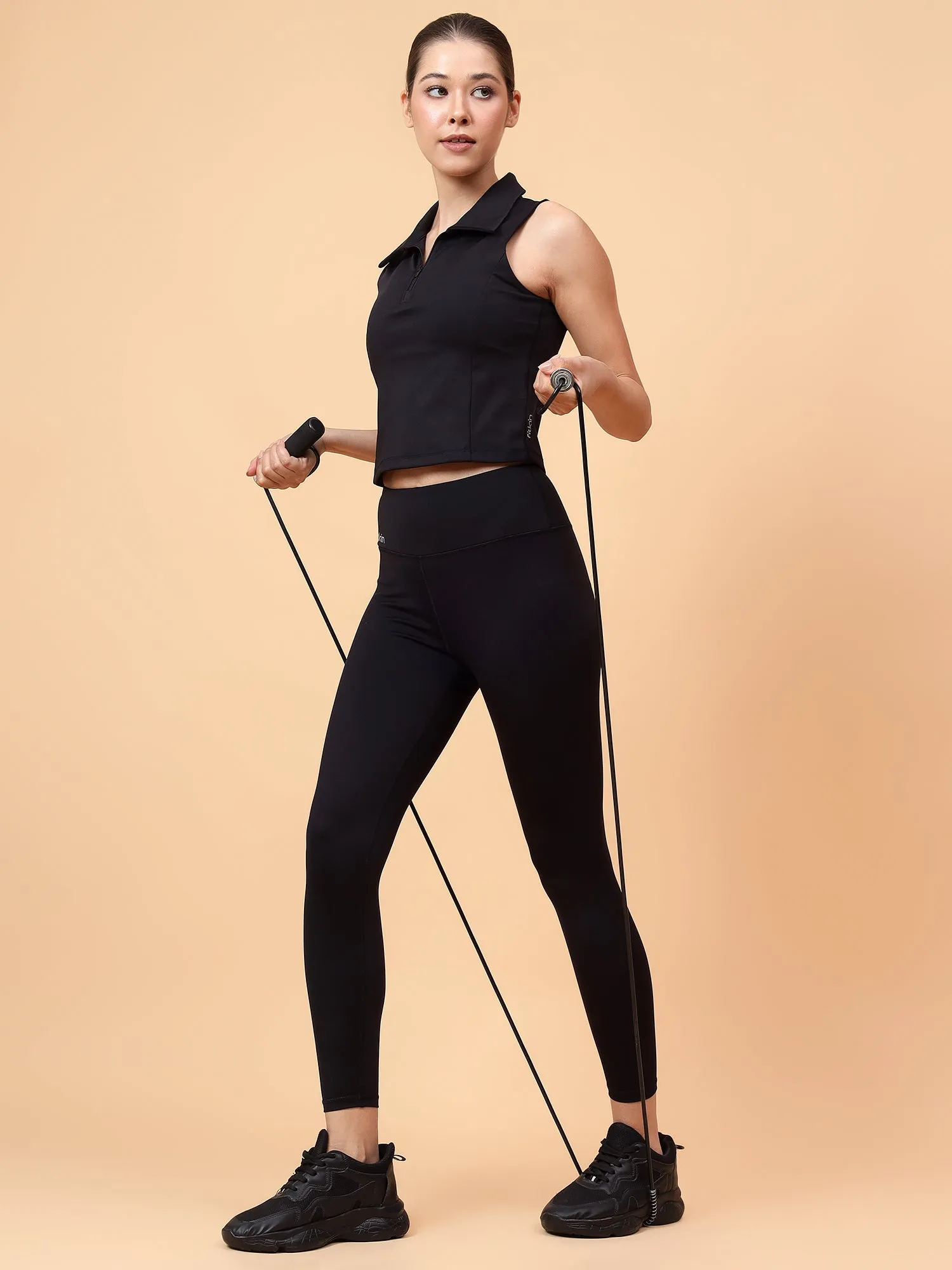Ftkin Women Black Front Zipper Padded Collar Top
