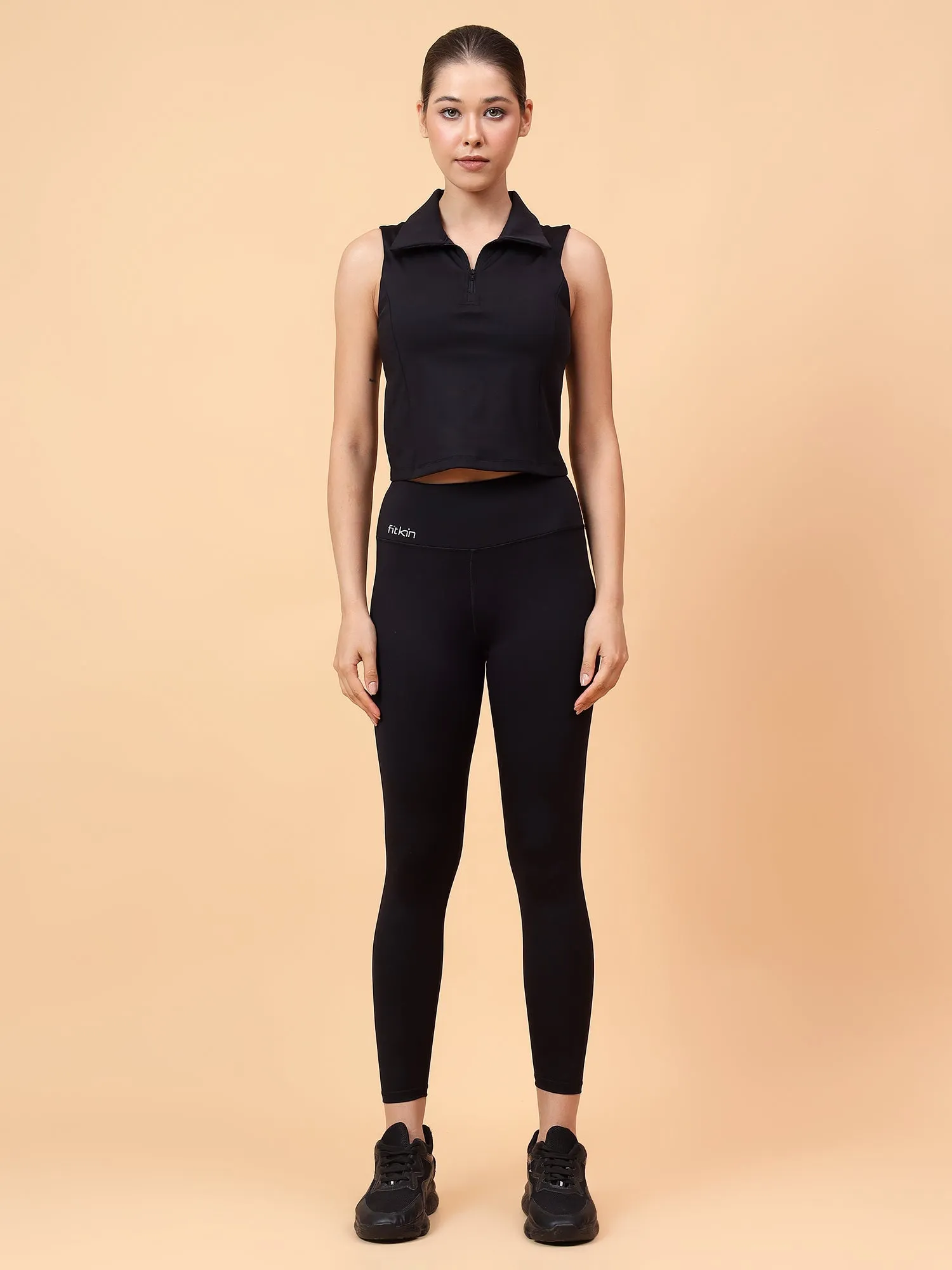 Ftkin Women Black Front Zipper Padded Collar Top