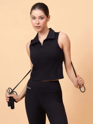 Ftkin Women Black Front Zipper Padded Collar Top