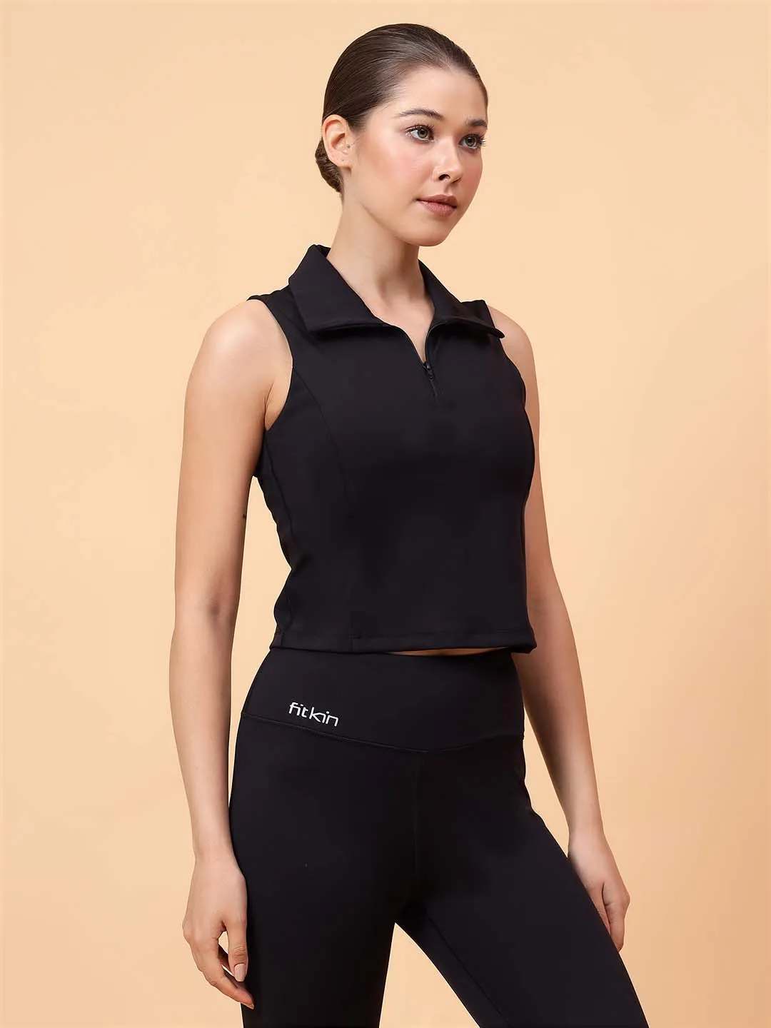 Ftkin Women Black Front Zipper Padded Collar Top