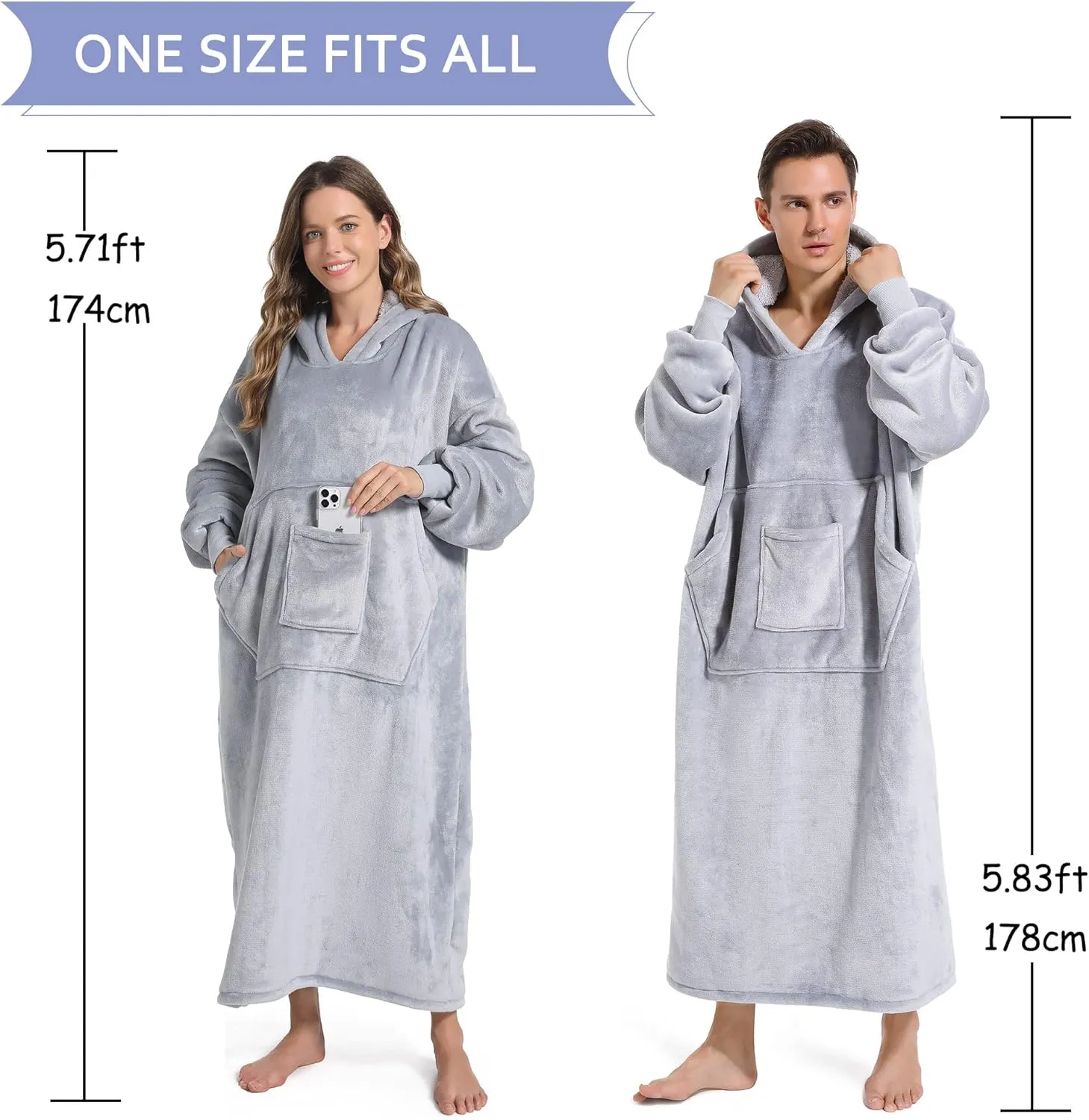 FUSSEDA Oversized Wearable Blanket Sweatshirt, Thick Warm Fleece Cozy Sherpa Hooded with Pockets and Sleeves Gift for Adult