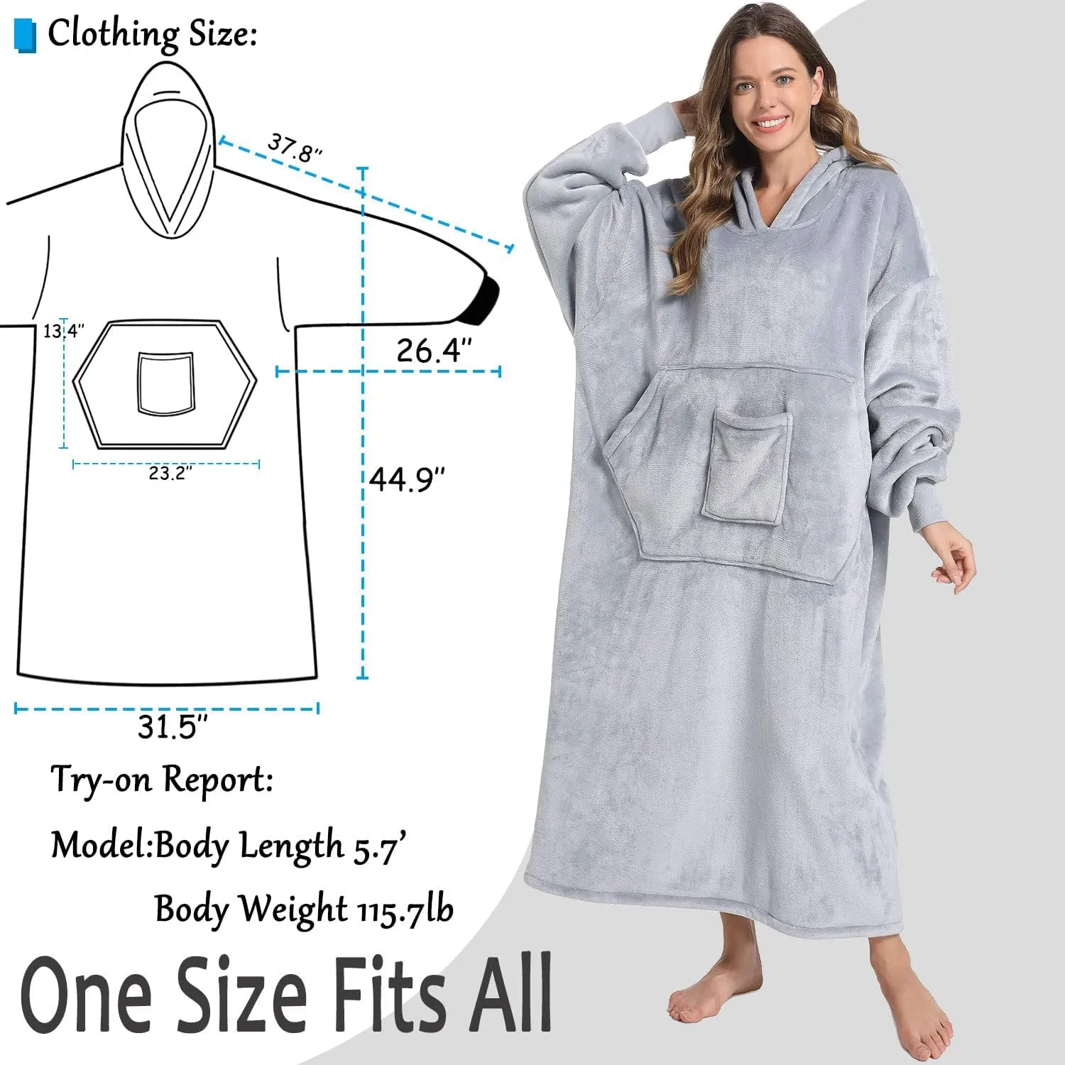 FUSSEDA Oversized Wearable Blanket Sweatshirt, Thick Warm Fleece Cozy Sherpa Hooded with Pockets and Sleeves Gift for Adult