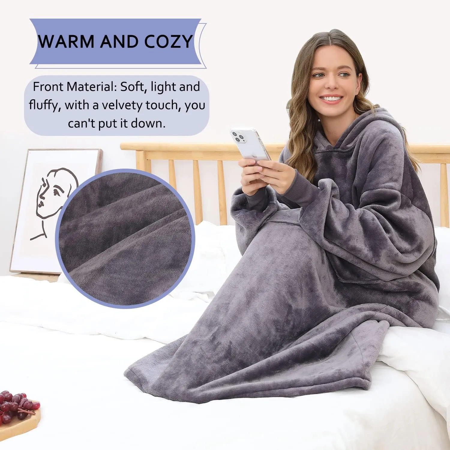 FUSSEDA Oversized Wearable Blanket Sweatshirt, Thick Warm Fleece Cozy Sherpa Hooded with Pockets and Sleeves Gift for Adult