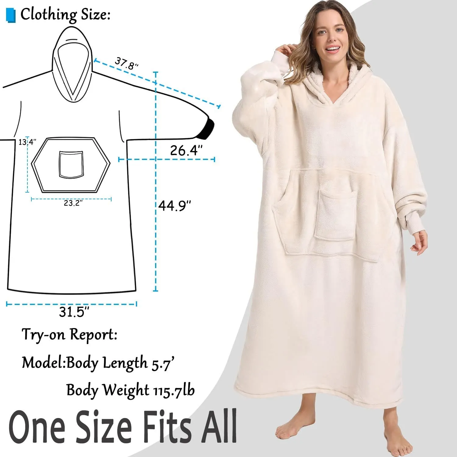 FUSSEDA Oversized Wearable Blanket Sweatshirt, Thick Warm Fleece Cozy Sherpa Hooded with Pockets and Sleeves Gift for Adult