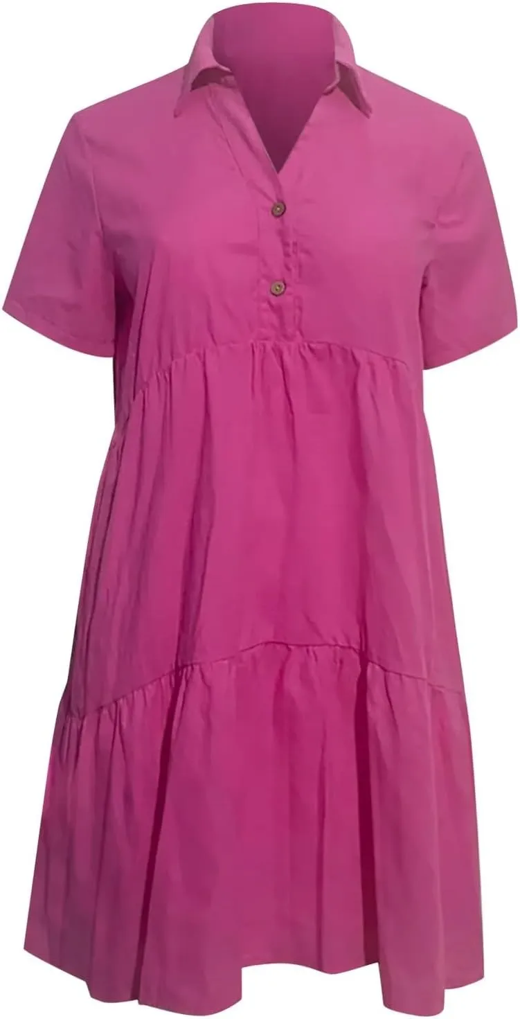 Geleglaer Womens Pleated Midi Cotton Dress Short Sleeve Dresses Casual Flowy Ruffled Hem Beach Sundress 2025 Summer