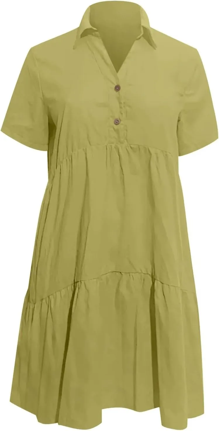 Geleglaer Womens Pleated Midi Cotton Dress Short Sleeve Dresses Casual Flowy Ruffled Hem Beach Sundress 2025 Summer