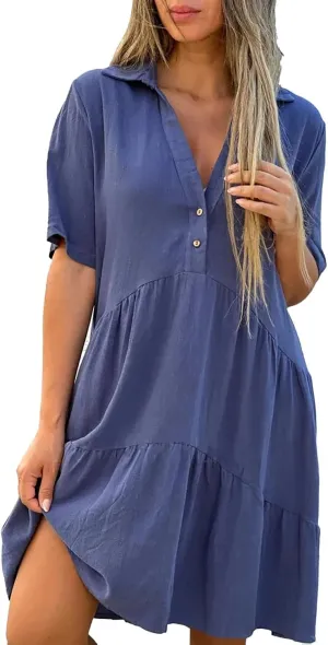 Geleglaer Womens Pleated Midi Cotton Dress Short Sleeve Dresses Casual Flowy Ruffled Hem Beach Sundress 2025 Summer