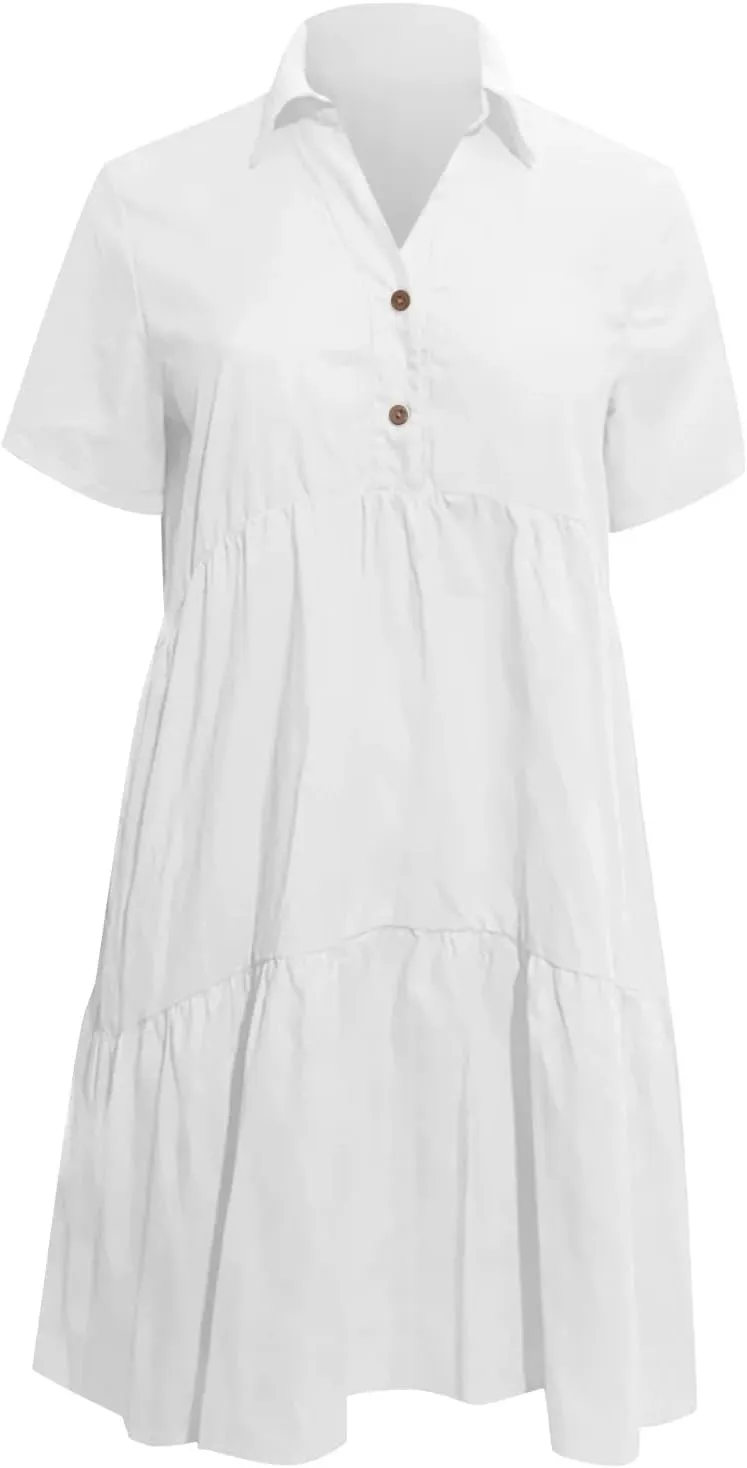 Geleglaer Womens Pleated Midi Cotton Dress Short Sleeve Dresses Casual Flowy Ruffled Hem Beach Sundress 2025 Summer