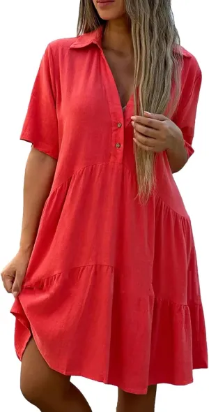 Geleglaer Womens Pleated Midi Cotton Dress Short Sleeve Dresses Casual Flowy Ruffled Hem Beach Sundress 2025 Summer