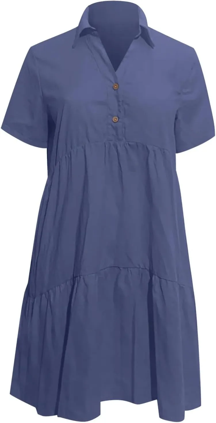 Geleglaer Womens Pleated Midi Cotton Dress Short Sleeve Dresses Casual Flowy Ruffled Hem Beach Sundress 2025 Summer