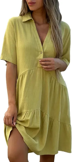 Geleglaer Womens Pleated Midi Cotton Dress Short Sleeve Dresses Casual Flowy Ruffled Hem Beach Sundress 2025 Summer