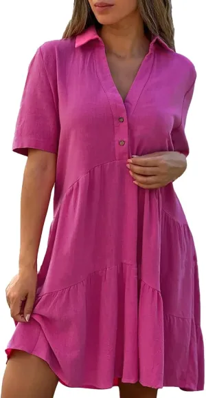 Geleglaer Womens Pleated Midi Cotton Dress Short Sleeve Dresses Casual Flowy Ruffled Hem Beach Sundress 2025 Summer