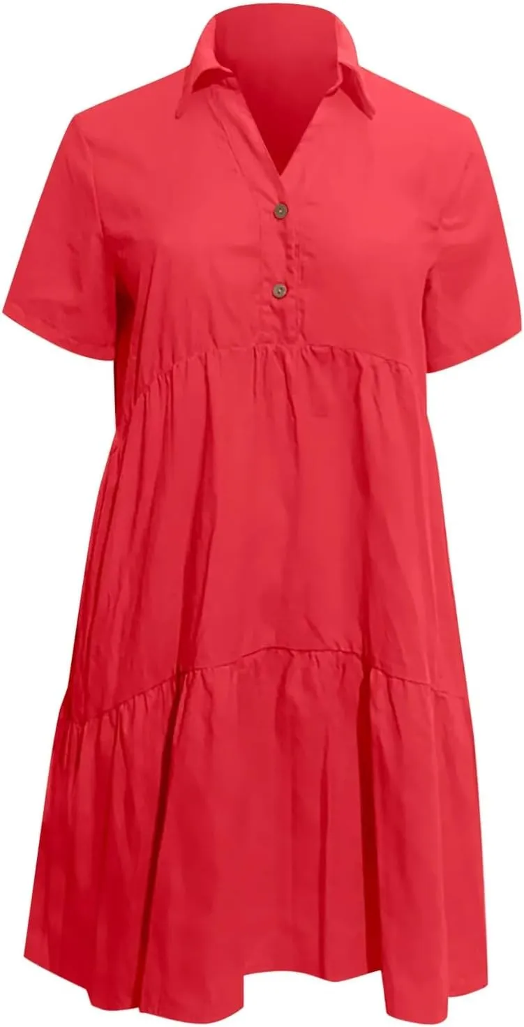 Geleglaer Womens Pleated Midi Cotton Dress Short Sleeve Dresses Casual Flowy Ruffled Hem Beach Sundress 2025 Summer
