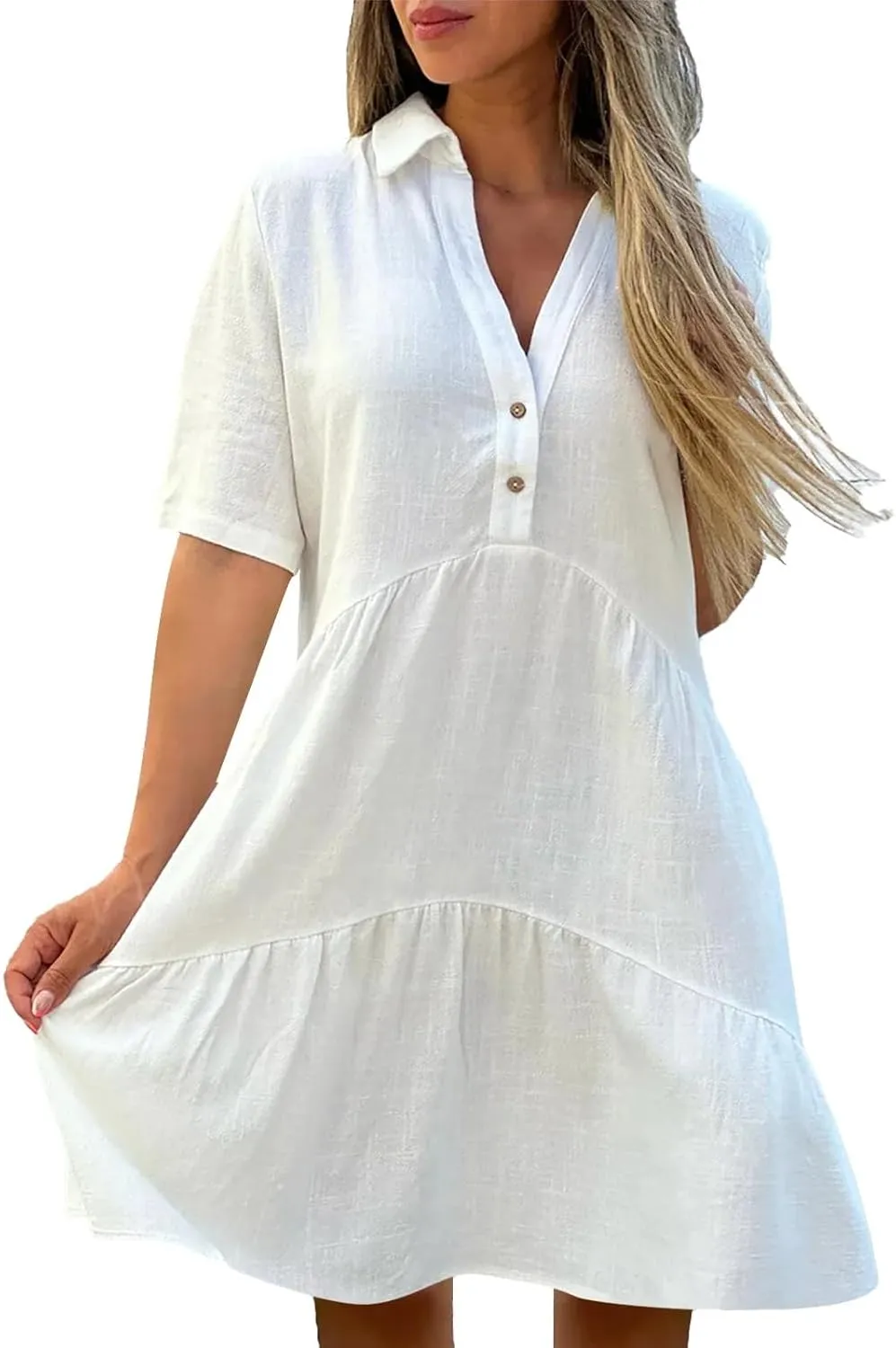 Geleglaer Womens Pleated Midi Cotton Dress Short Sleeve Dresses Casual Flowy Ruffled Hem Beach Sundress 2025 Summer
