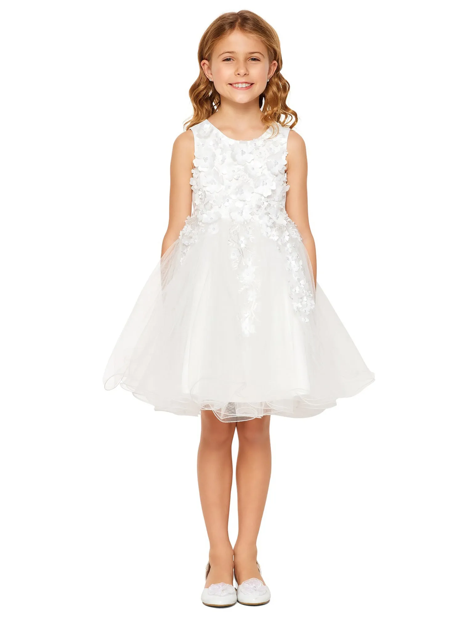 Girls Multi Color Lala & Erina 3D Flowers Adorned Tulle Flower Girl Dress 2-12