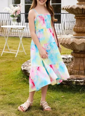 Girls Sundress Summer Boho Sleeveless Strap Smocked Tiered Dresses 6-15 Years