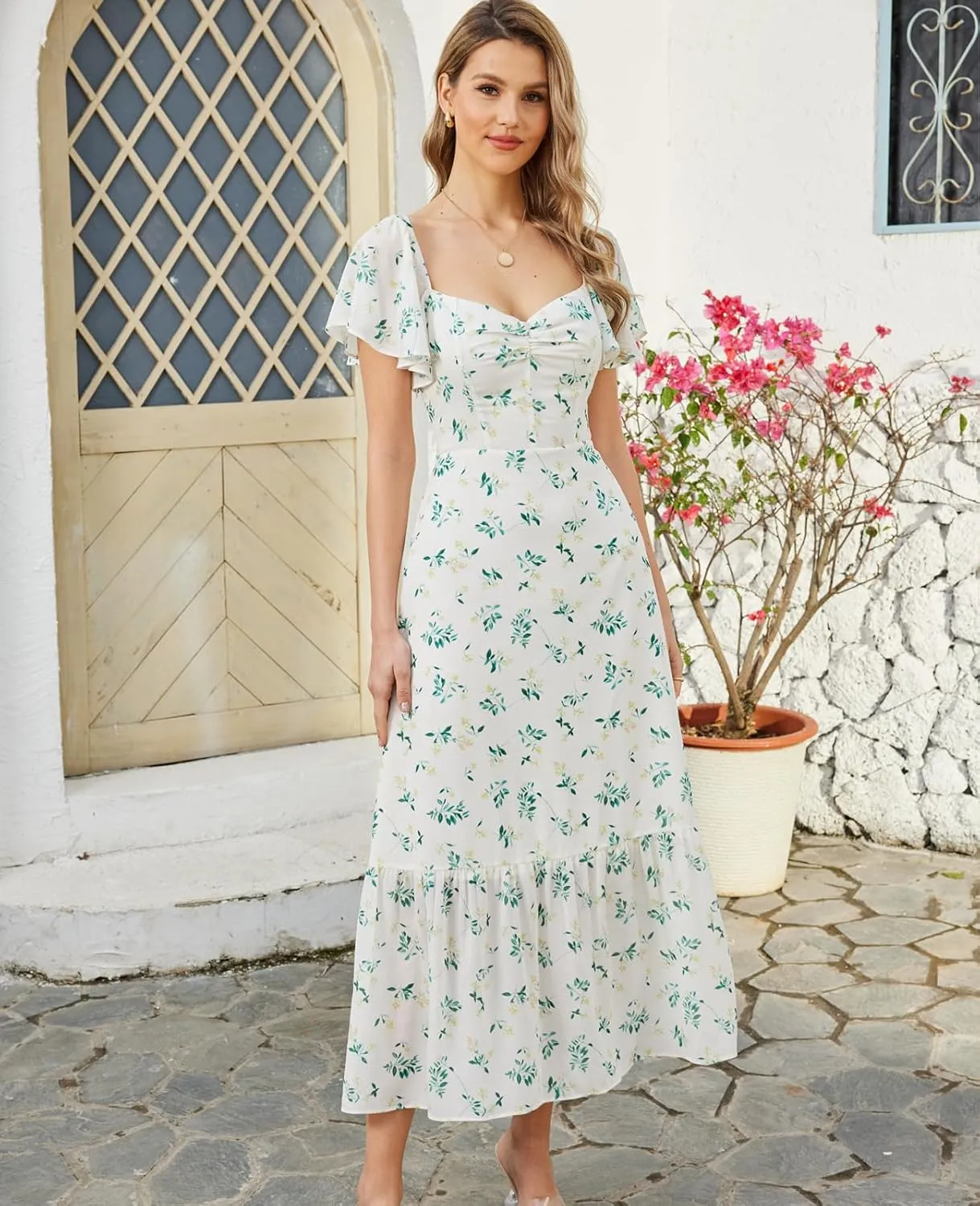 GLNEGE Women's 2025 Summer Midi Floral Boho Dresses Casual Flowy Beach Short Sleeve Dress Ruffle Hem Smocked Sundresses