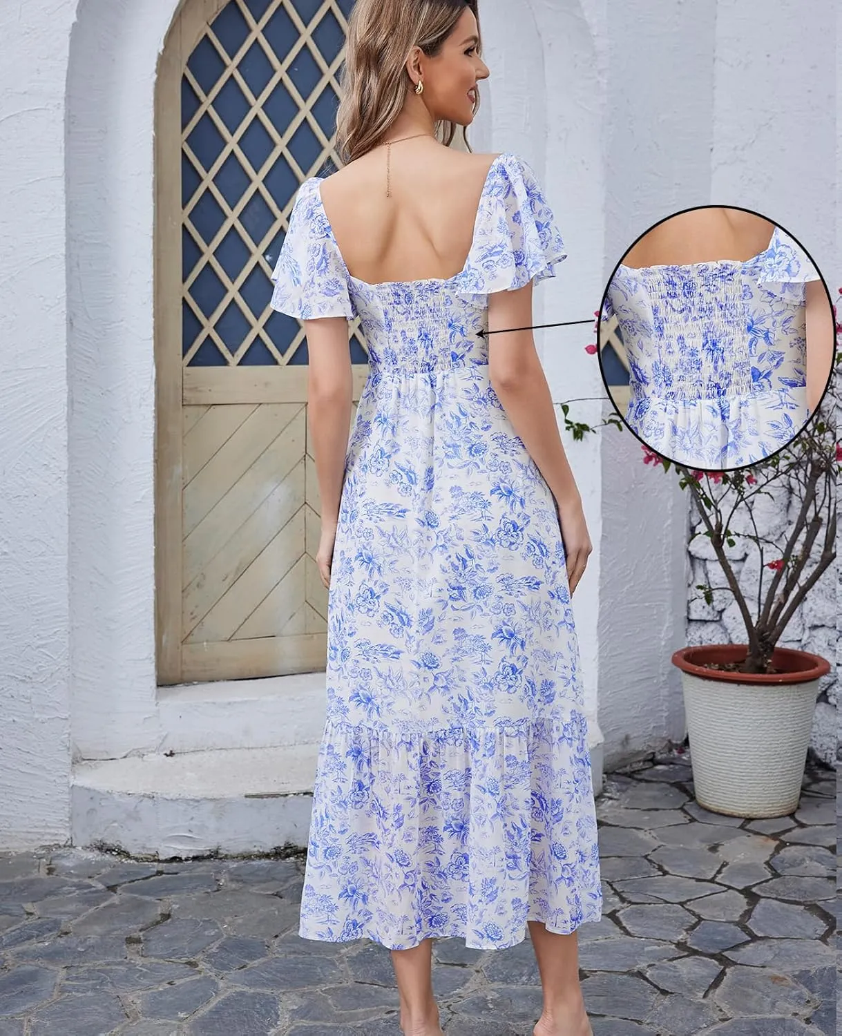 GLNEGE Women's 2025 Summer Midi Floral Boho Dresses Casual Flowy Beach Short Sleeve Dress Ruffle Hem Smocked Sundresses