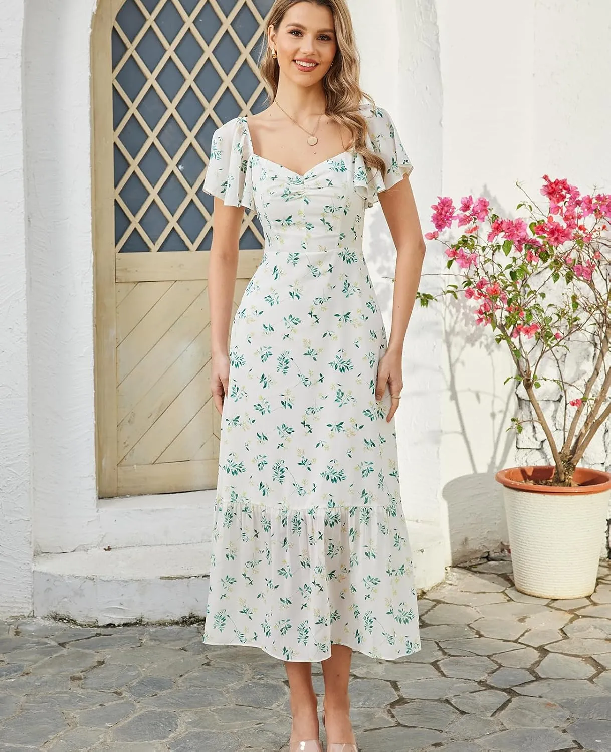 GLNEGE Women's 2025 Summer Midi Floral Boho Dresses Casual Flowy Beach Short Sleeve Dress Ruffle Hem Smocked Sundresses