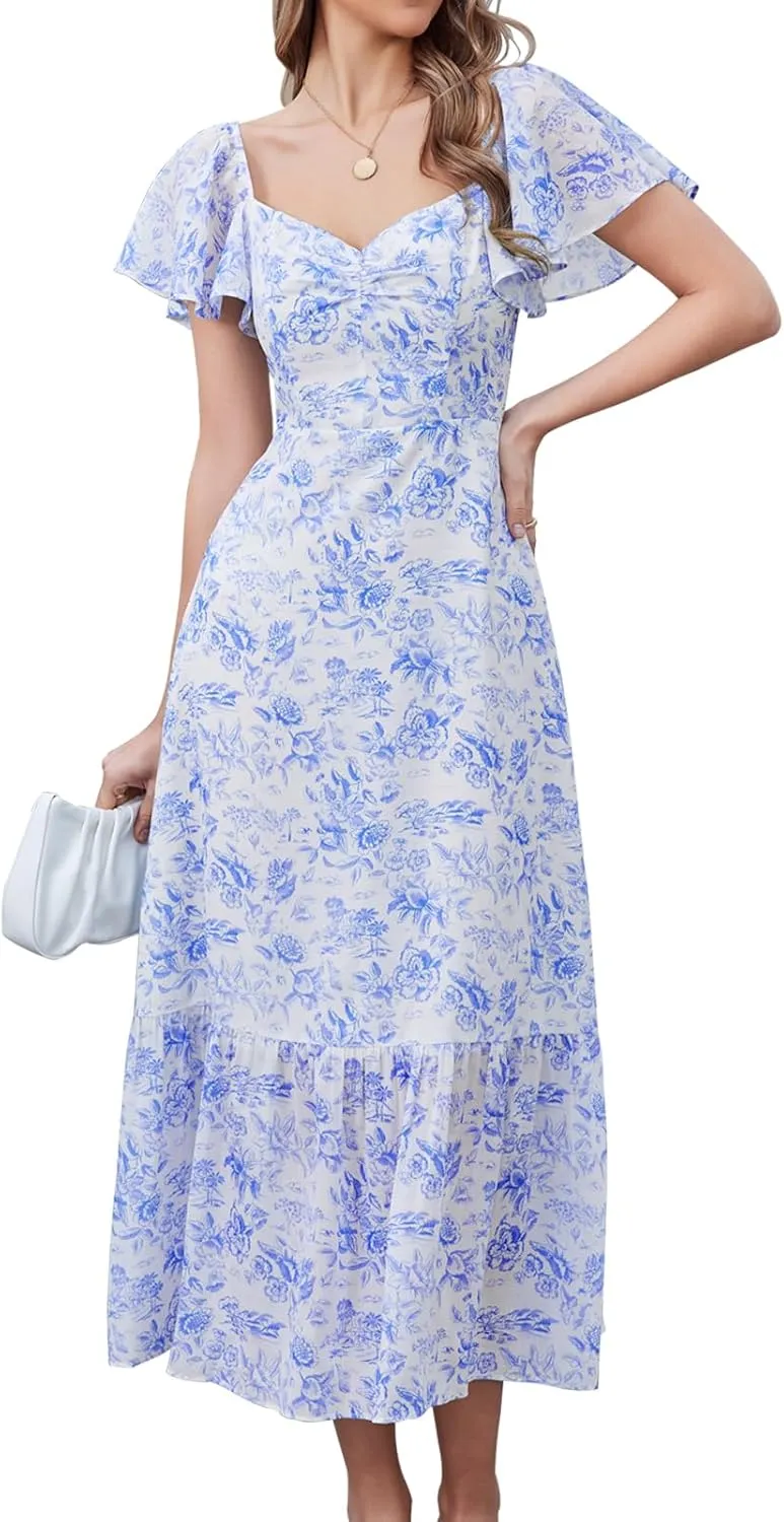 GLNEGE Women's 2025 Summer Midi Floral Boho Dresses Casual Flowy Beach Short Sleeve Dress Ruffle Hem Smocked Sundresses