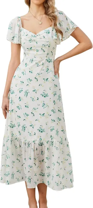 GLNEGE Women's 2025 Summer Midi Floral Boho Dresses Casual Flowy Beach Short Sleeve Dress Ruffle Hem Smocked Sundresses
