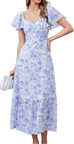 GLNEGE Women's 2025 Summer Midi Floral Boho Dresses Casual Flowy Beach Short Sleeve Dress Ruffle Hem Smocked Sundresses