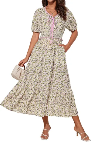GRACE KARIN 2025 Women's Summer Floral Flowy A Line Midi Dresses Elegant Short Sleeve Smocked V-Neck Tiered Dresses