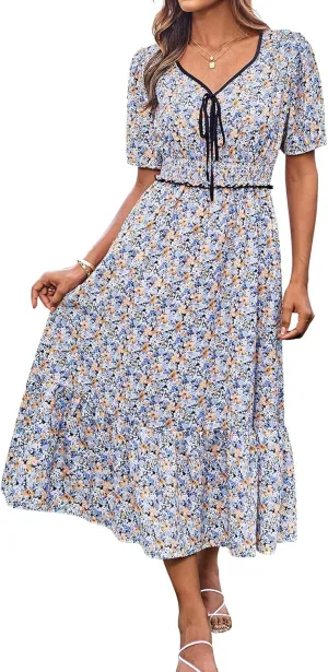 GRACE KARIN 2025 Women's Summer Floral Flowy A Line Midi Dresses Elegant Short Sleeve Smocked V-Neck Tiered Dresses