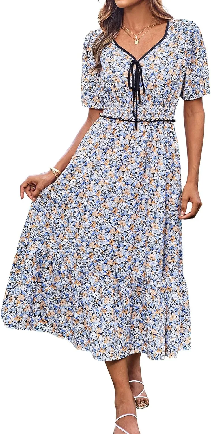 GRACE KARIN 2025 Women's Summer Floral Flowy A Line Midi Dresses Elegant Short Sleeve Smocked V-Neck Tiered Dresses